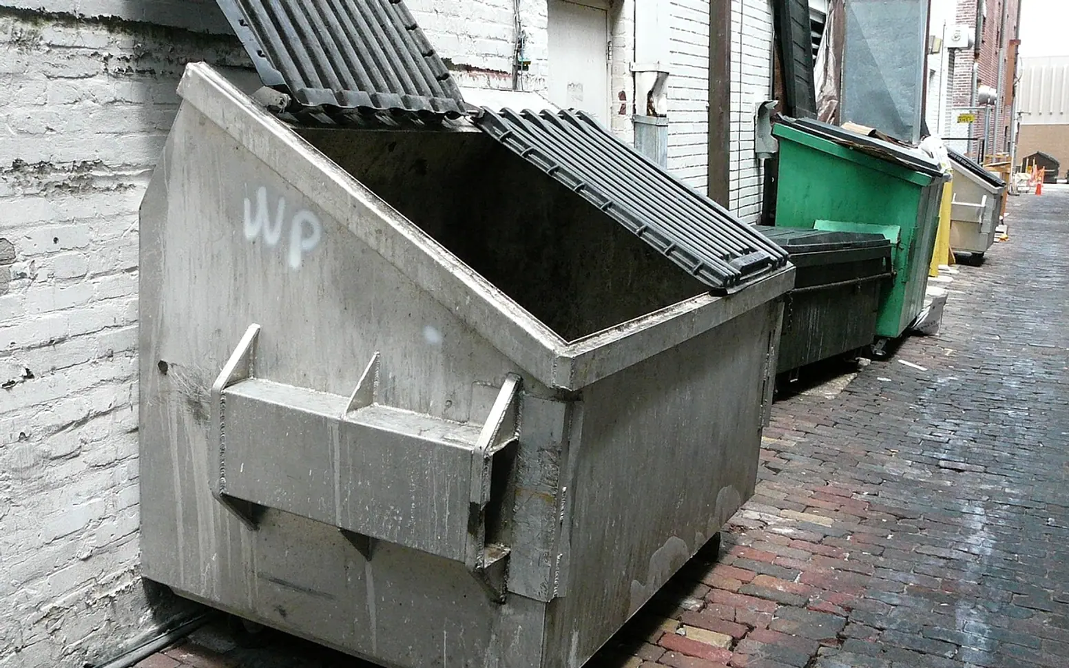 Dumpster, trash and downtown
